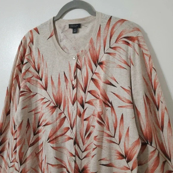 ANN TAYLOR Factory Leaf Print Button Front Cardigan, 100 Cotton, XL - Picture 3 of 11